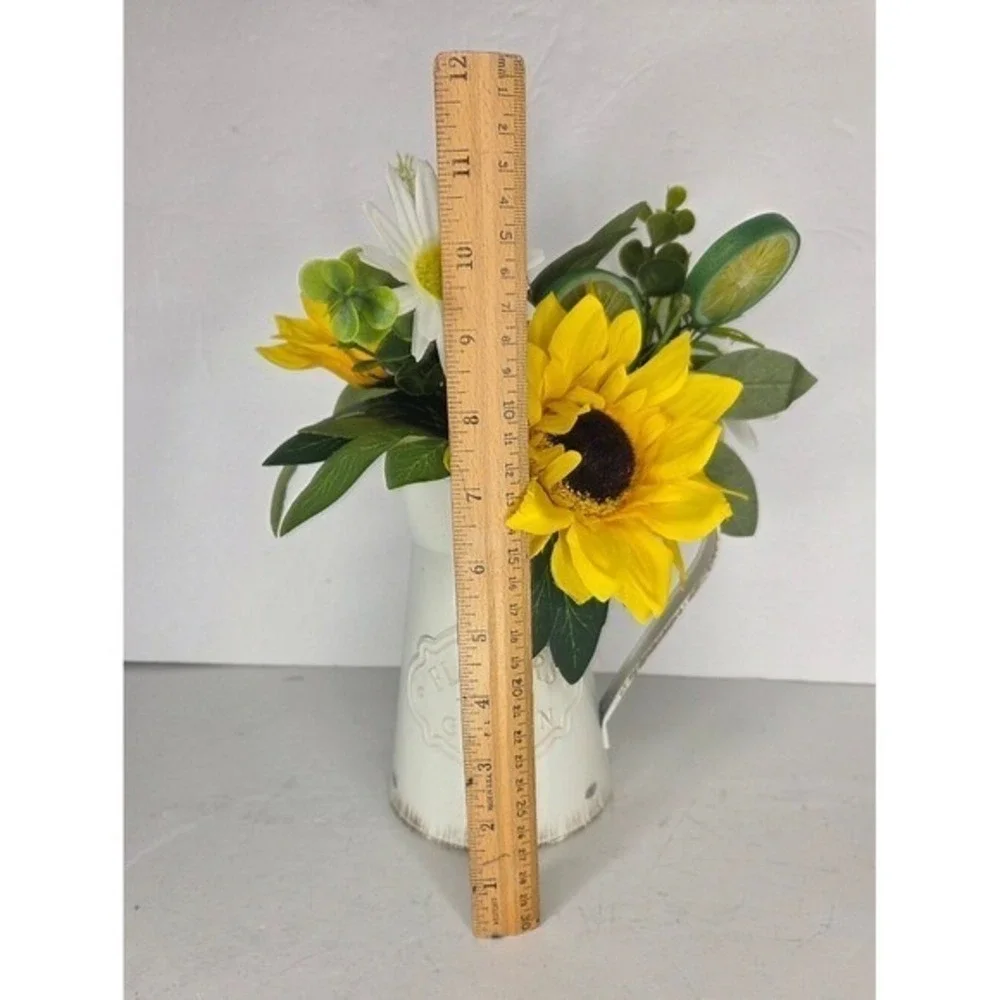 Yellow Sunflower Faux‎ Floral Arrangement in White Farnhouse Pitcher Vase